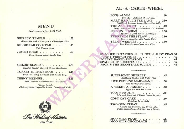 Small Fry Express Kid's Menu, Waldorf Astoria, New York 1960s