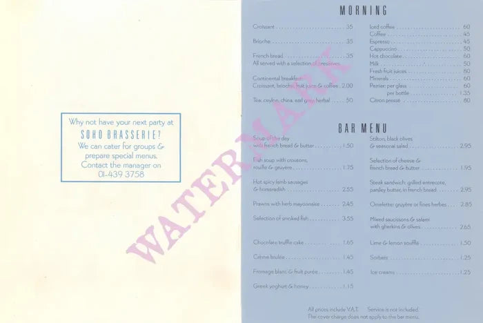 Soho Brasserie, London 1980s Menu