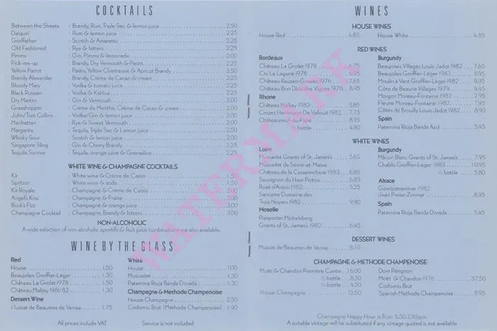 Soho Brasserie, London 1980s Menu