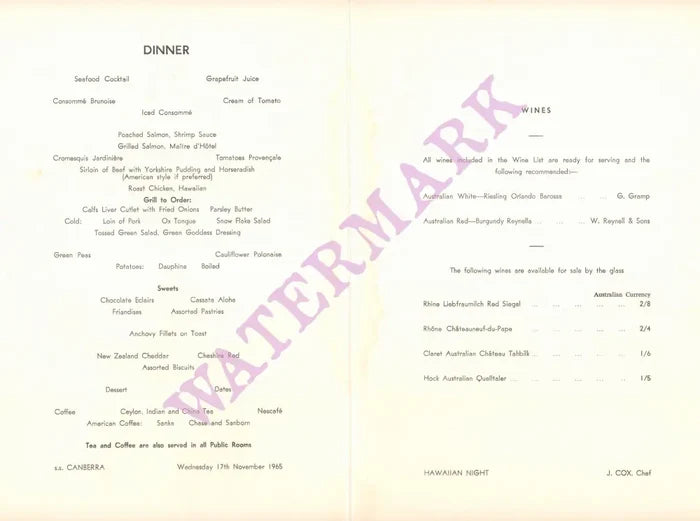 S.S. Canberra 1965 Menu