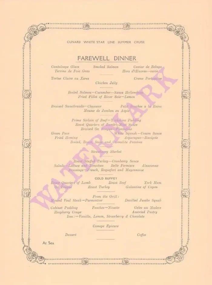 S/S Laconia 1936 Farewell Dinner Menu