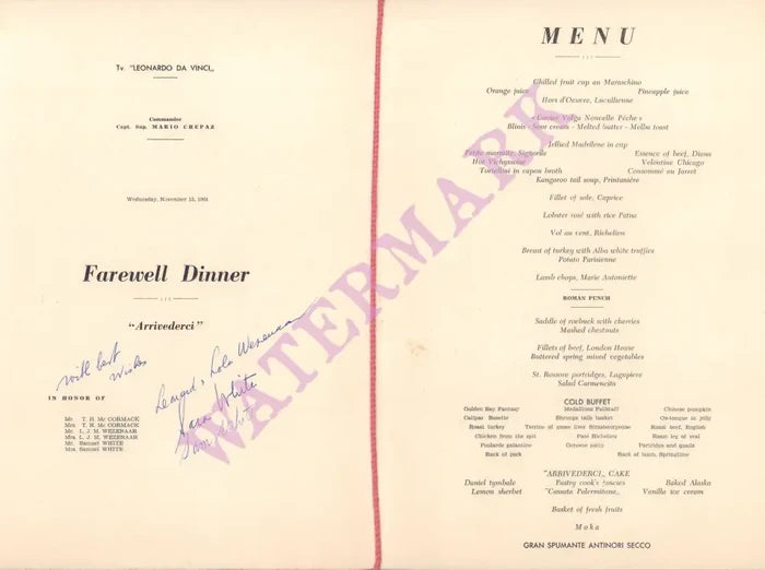 S.S. Leonardo Da Vinci 1961 Farewell Dinner Menu