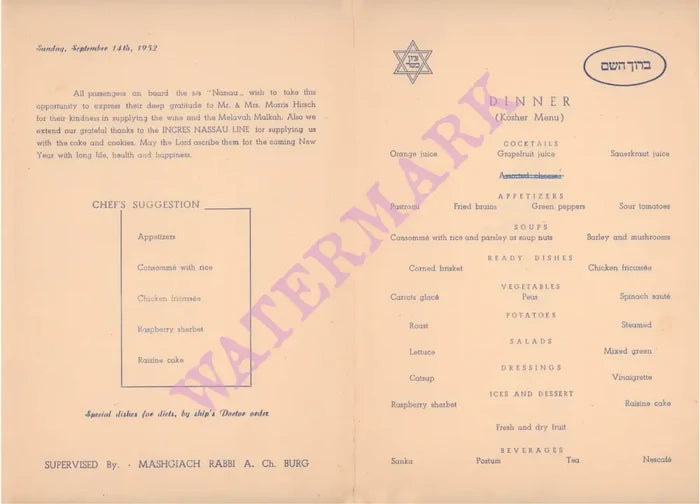 SS Nassau 1952 Menu