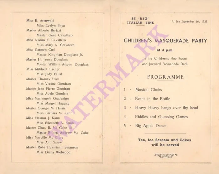 S.S. Rex, Italian Line 1938 Menu