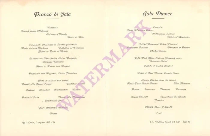SS Roma 1937 Gala Dinner menu