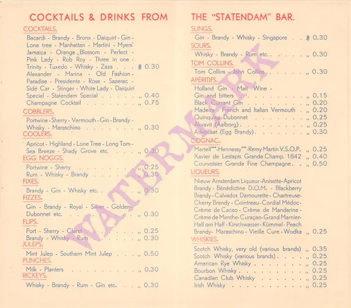 SS Statendam, Holland-America Line - 1930s Vintage Cocktails Menu