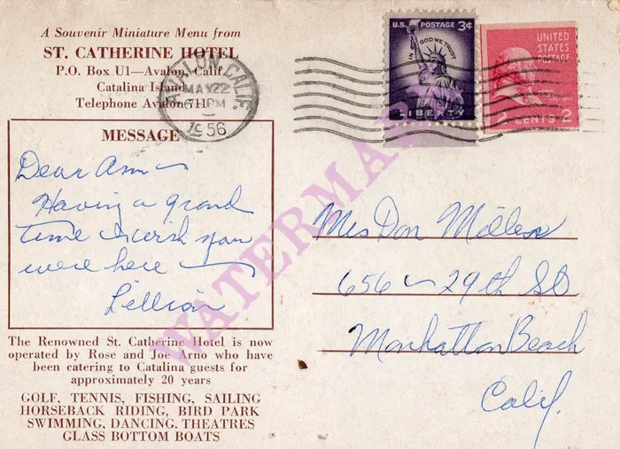 St Catherine's Hotel, Catalina Island 1956 Souvenir miniater menu post card