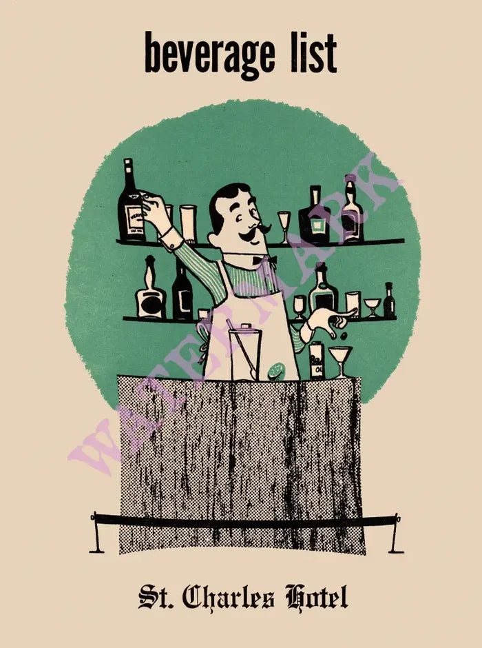 St Charles Hotel, New Orleans 1950s Beverage List menu art