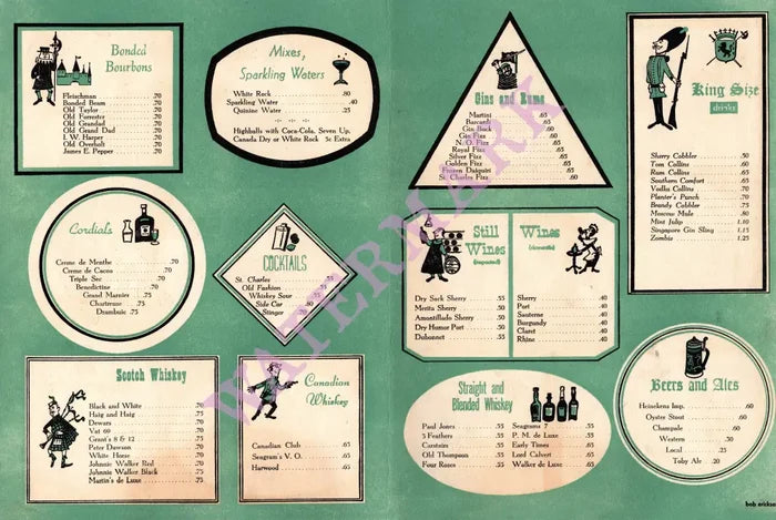 St Charles Hotel, New Orleans 1950s Beverage list