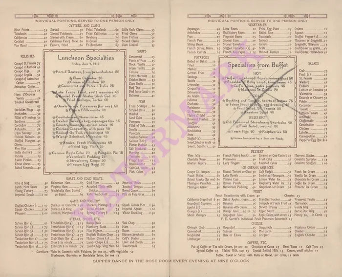 St Francis Hotel, San Francisco 1915 Menu
