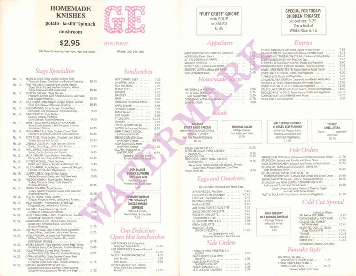 Stage Deli, New York 2000s Menu