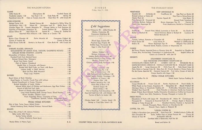 Starlight Roof, Waldorf Astoria, New York 1935 Menu