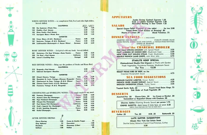 Starlite Roof, Hotel El Cortez, San Diego 1950s Menu