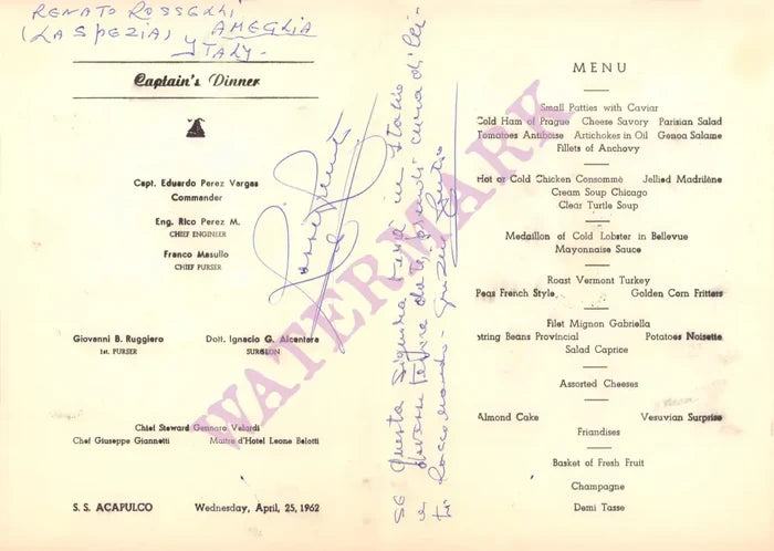 Steam Ship Acapulco, 1962 Menu