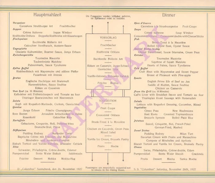 Steam Ship Columbus, 1927 Menu