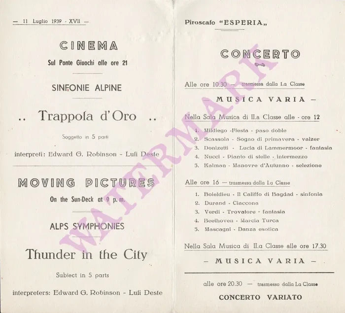 Steamship Esperia, Pelican Playing Chimes 1939 Entertainment Menu