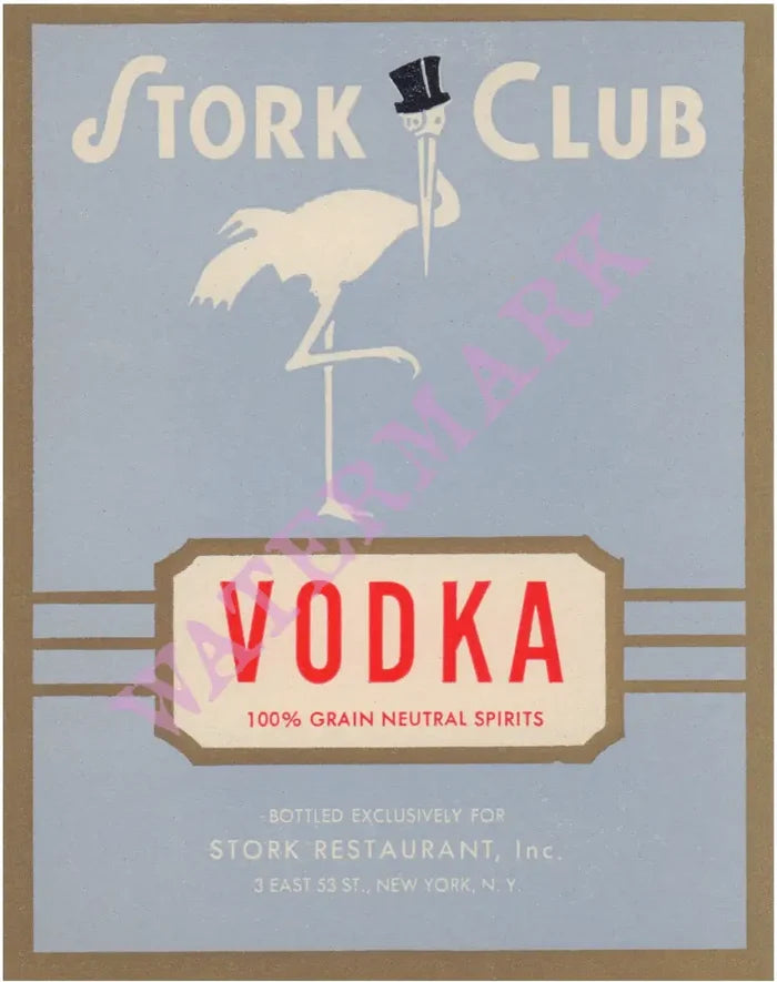 Stork Club Liquor Label - Vodka - 1940s