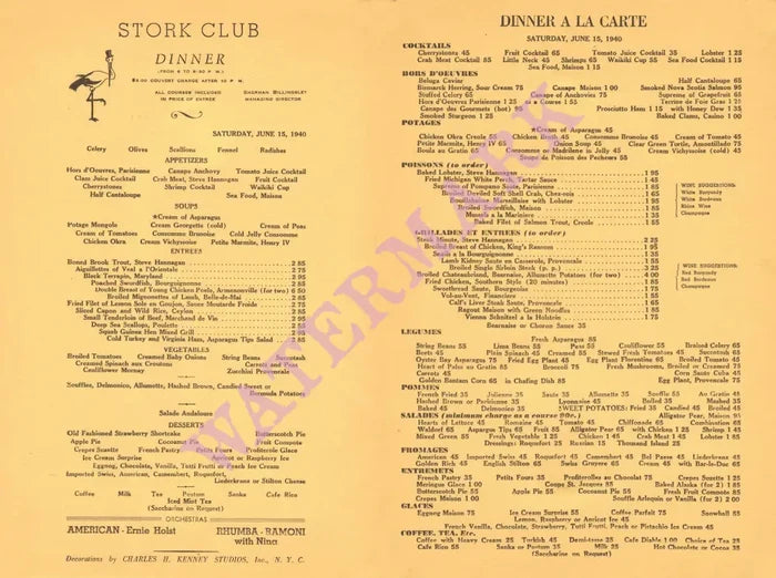 Stork Club, New York 1940 Menu