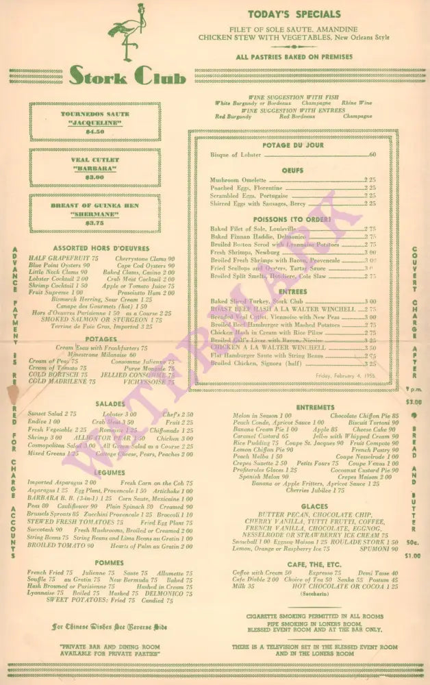 Stork Club, New York 1955 | Vintage Menu Art - food menu