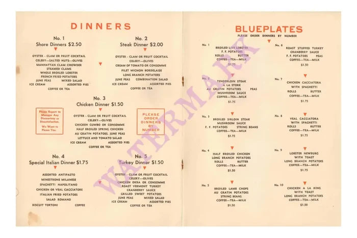 Stork Club, Rhode Island 1930s Menu