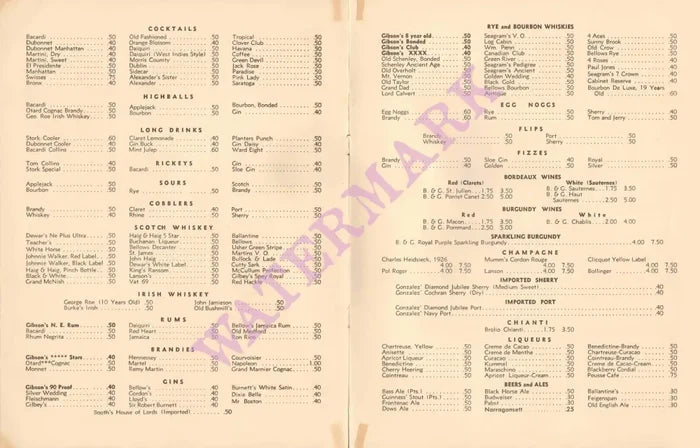Stork Club, Rhode Island 1930s Menu Wines