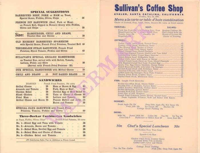 Sullivan's Coffee Shop, Avalon, Catalina 1941 Menu