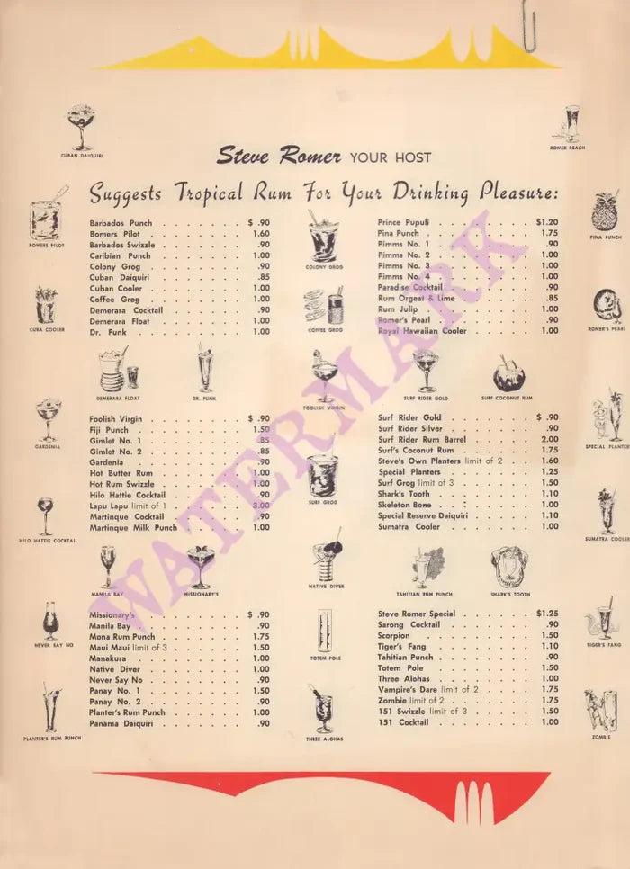 Surf Rider, Pasadena 1950s | Vintage Menu Art – drinks
