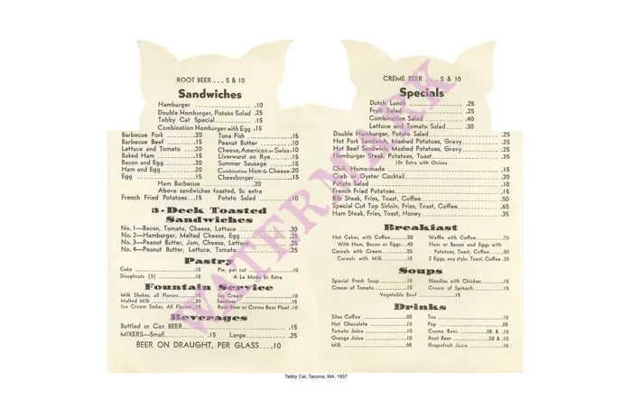 Tabby Cat 1937 Tacoma Washington Menu Hamburger 10c