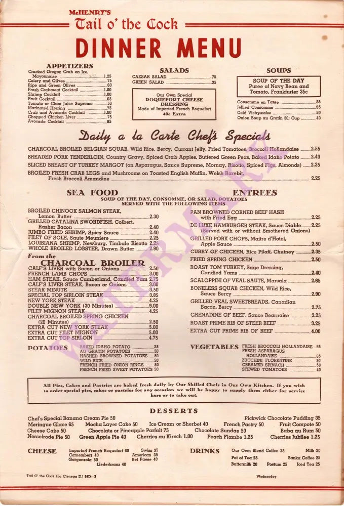 Tale o' The Cock, Los Angeles 1950s Menu