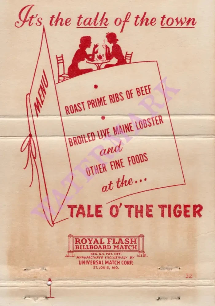 Tale O' The Tiger Match Cover 2, Fort Lauderdale 1960s | Vintage Menu Art - matchbook interior