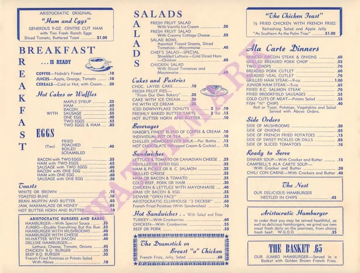 The Aristocratic, Vancouver, Canada 1952 | Vintage Menu Art - food menu