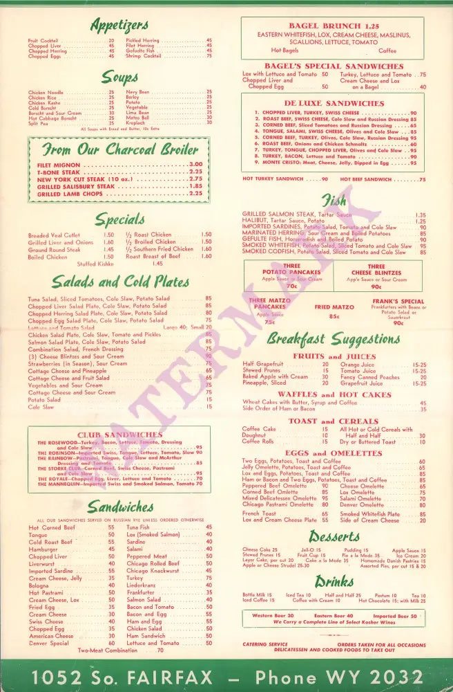 The Bagel, Los Angeles 1950s Menu
