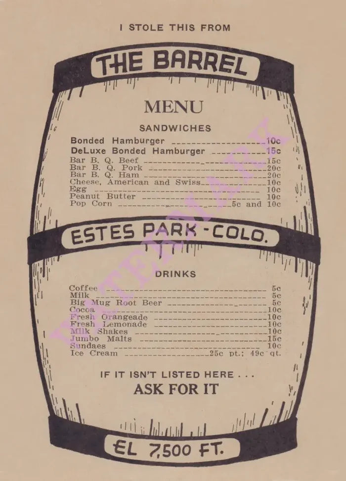 The Barrel, Estes Park CO 1930s | Vintage Menu Art - cover