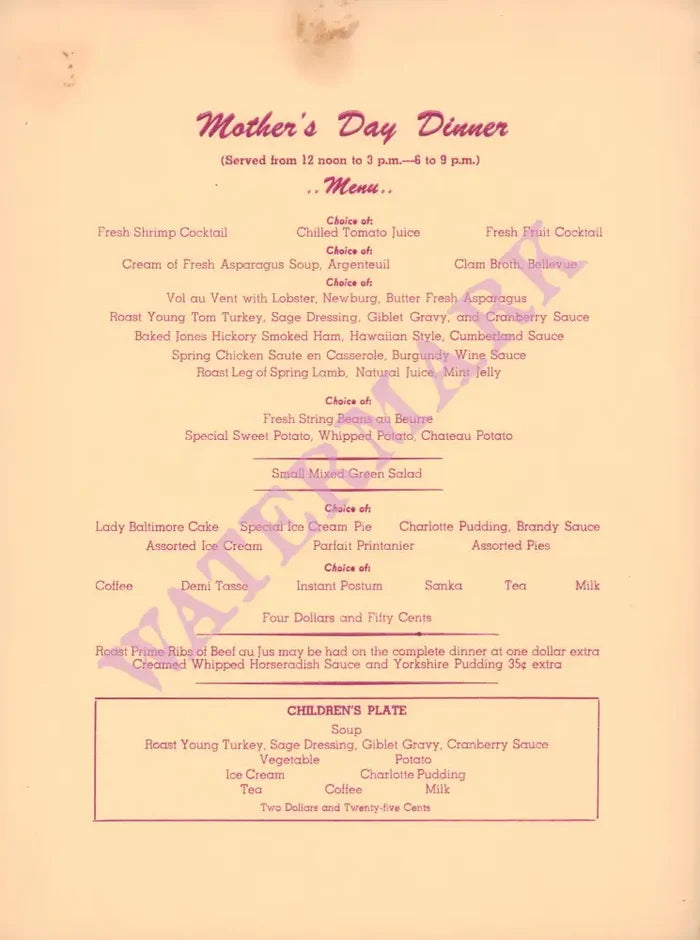 The Biltmore, Santa Barbara 1950s/1960s Mother's Day Dinner Menu