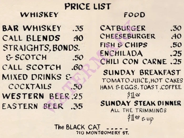The Black Cat Bar, San Francisco 1950s Menu