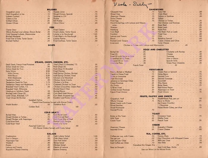 The Black Cat Cafe & Sea Grill, Burlington VT 1940s Menu