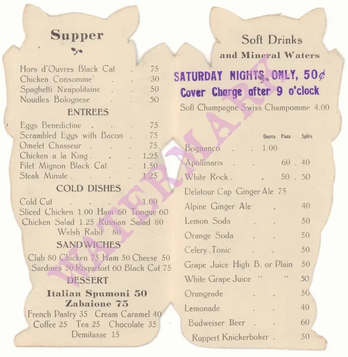 The Black Cat, New York 1920s Menu