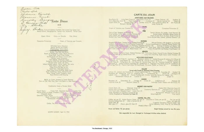 The Blackhawk Chicago 1933 Menu Interior