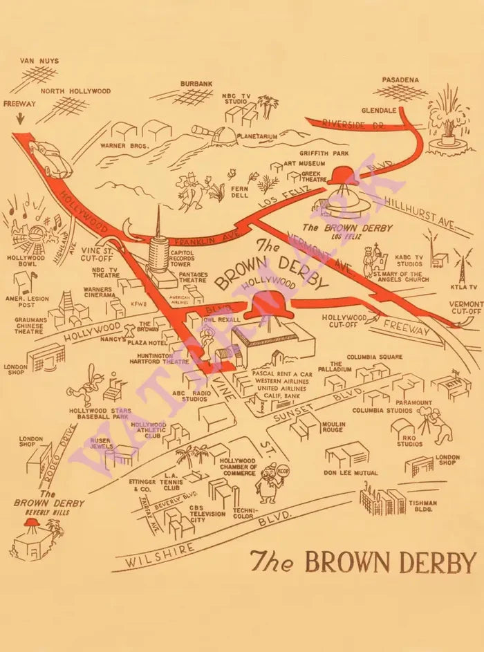 The Brown Derby, Hollywood, late 1950s menu art