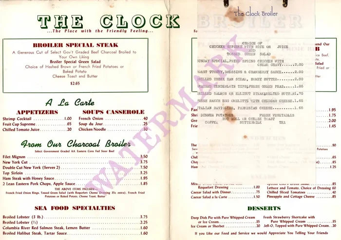 The Clock Broiler at Lynwood, 1950s Menu