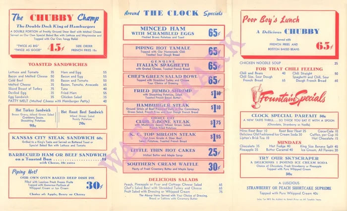 The Clock Home of Chubby the Champ California 1953 Vintage Americana Menus