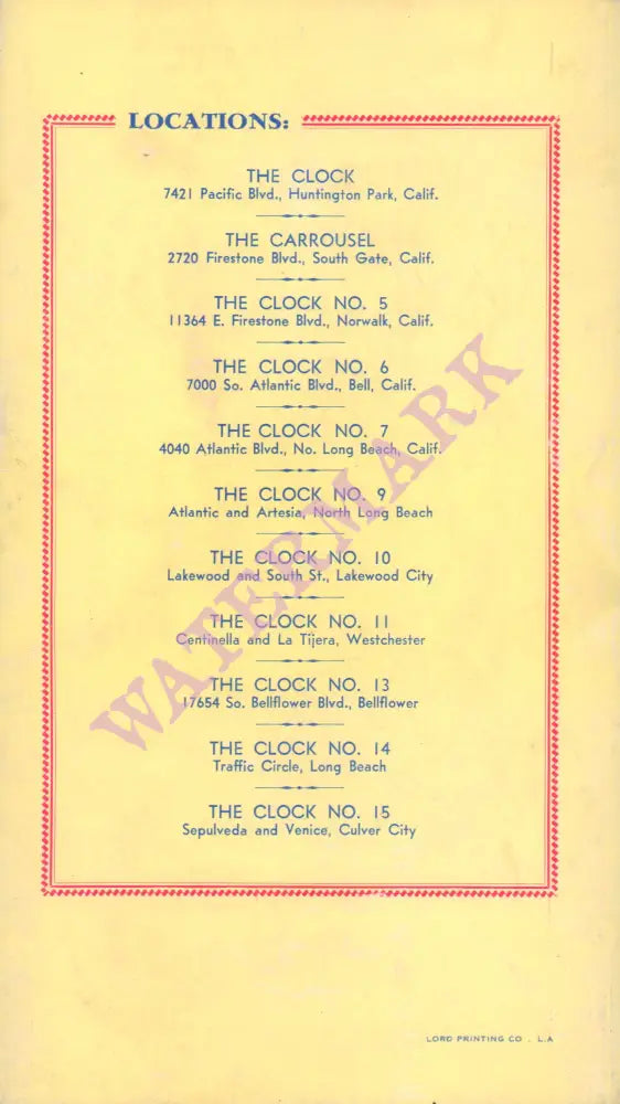 The Clock Home of Chubby the Champ California 1953 Vintage Americana Menus