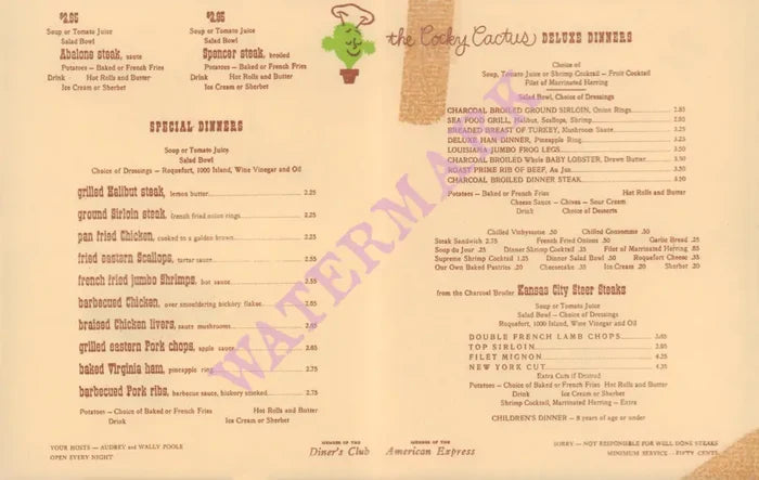 The Cocky Cactus, San Bernadino late 1950s Menu