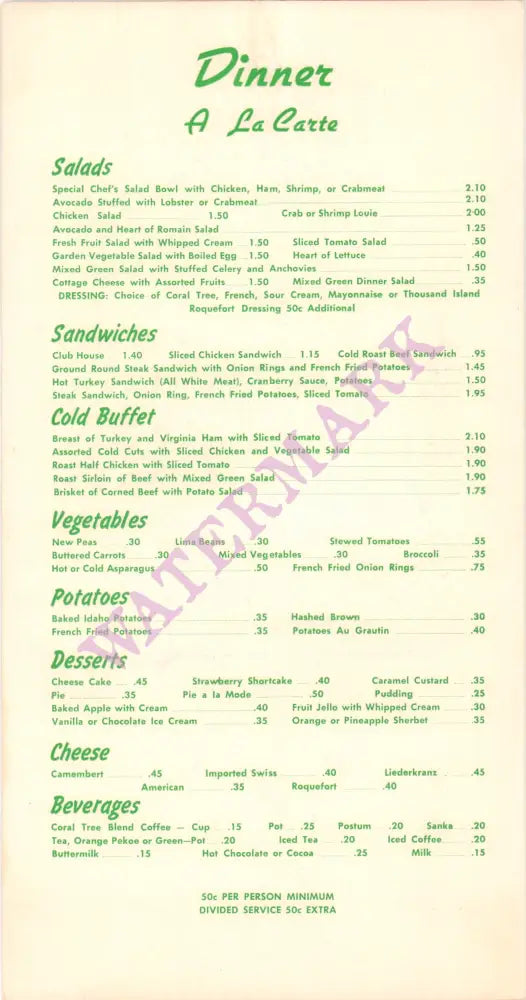 The Coral Tree, Palm Springs Hotel 1950s Menu