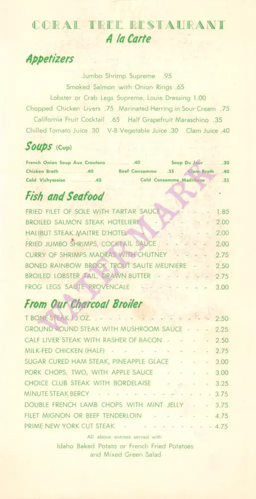 The Coral Tree, Palm Springs Hotel 1950s menu