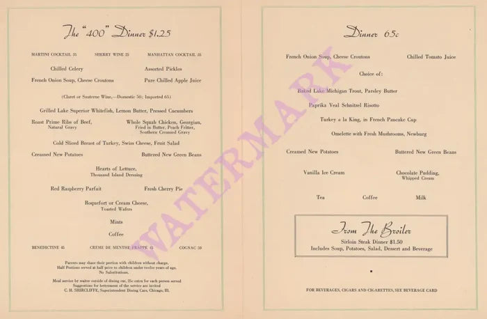 The 400, Chicago & North Western Line, 1950s Menu