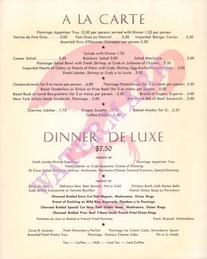 The Flamingo, Las Vegas 1970s | Vintage Menu Art - food menu