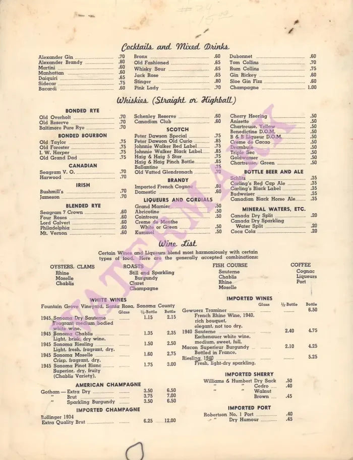 The Flying Lobster, New York 1940s Wine List