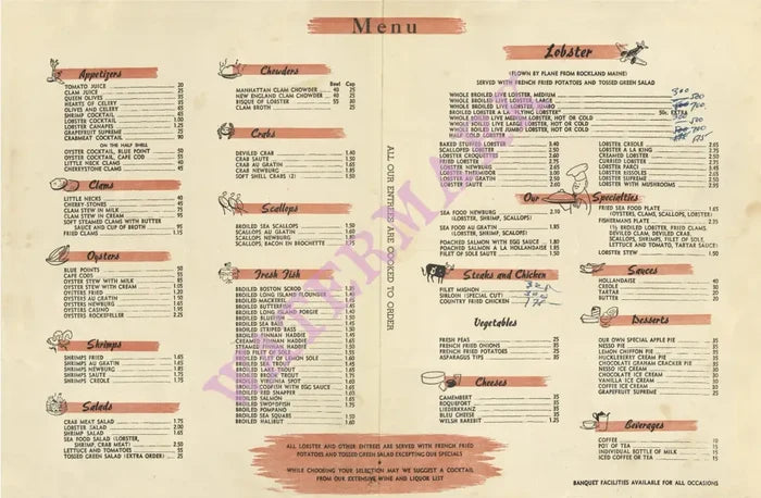 The Flying Lobster, New York 1950s Menu