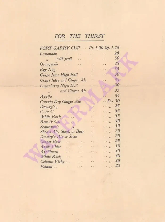 The Fort Garry Hotel, Winnipeg (approx 1916-1921) Drinks Menu